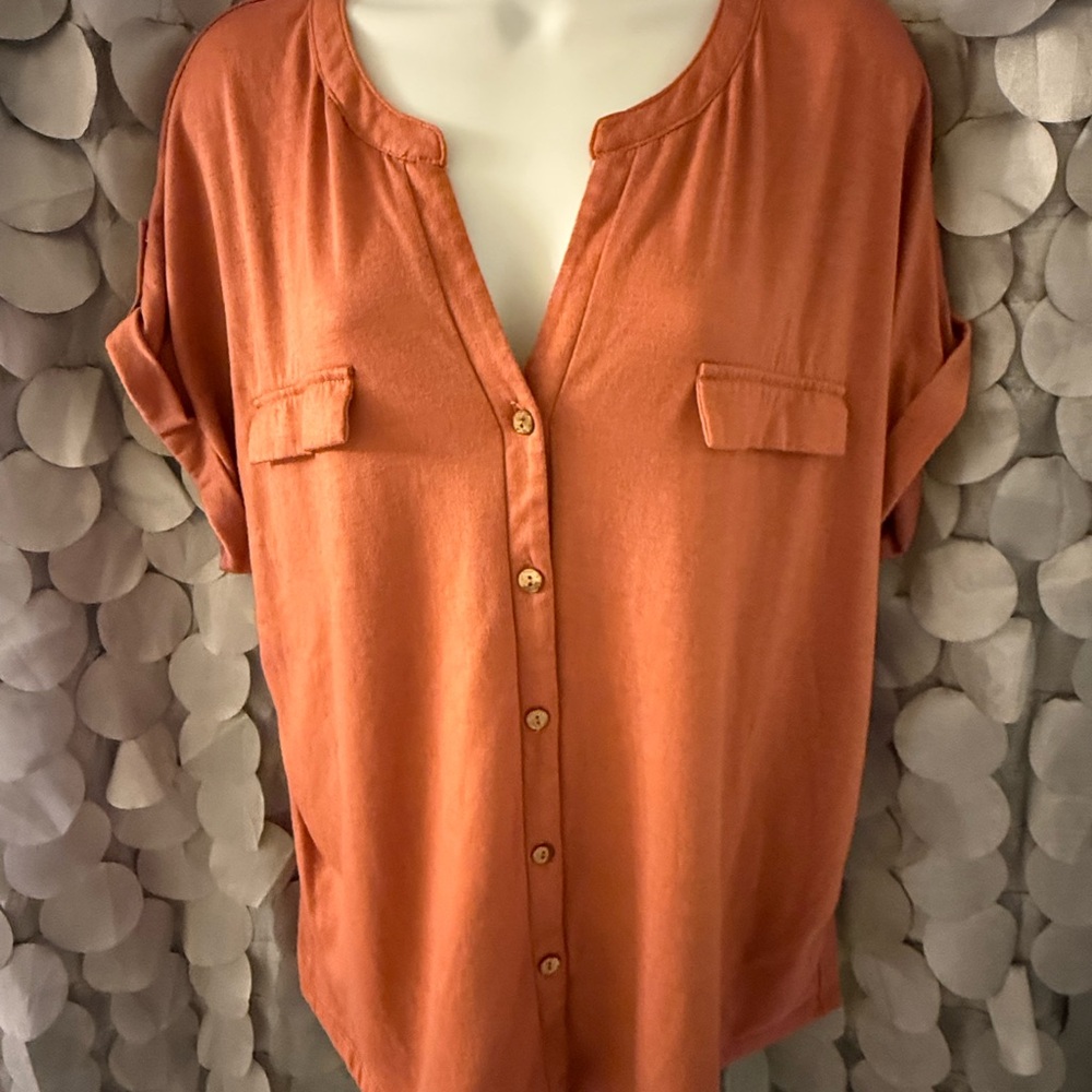 Orange Button Down Mandarin Collar Short Sleeve Top